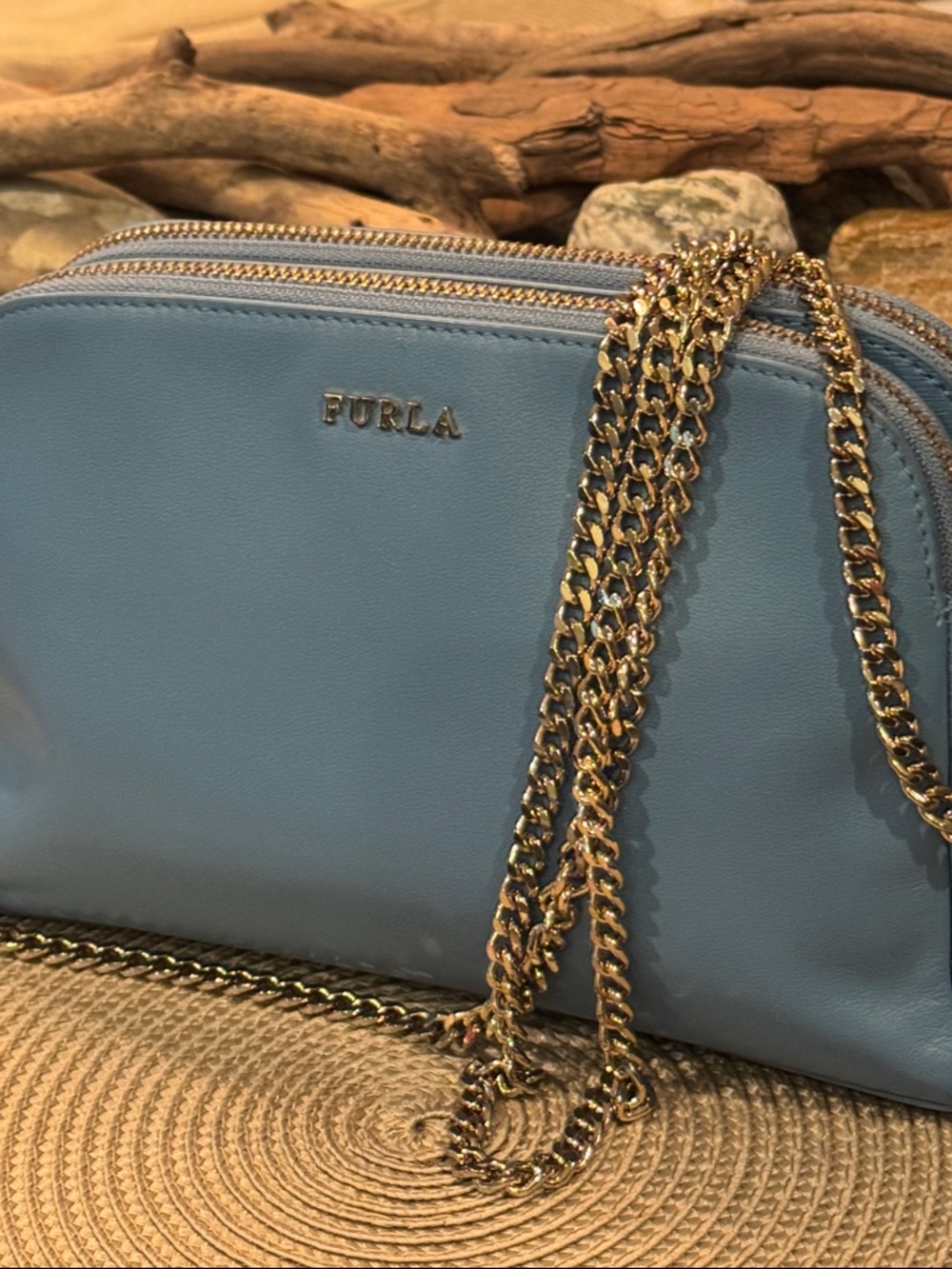Furla Light Blue Leather Crossbody with Gold Chain